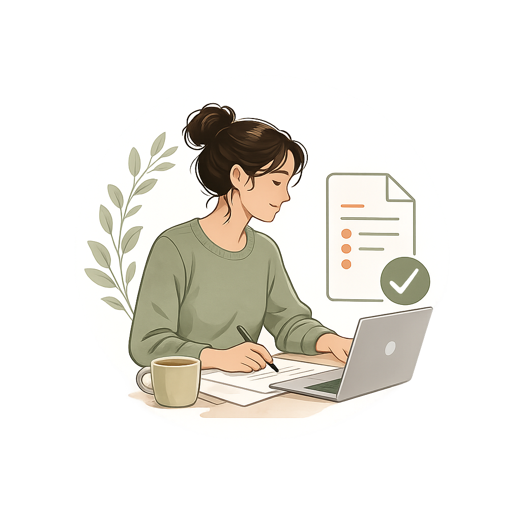 Illustration d’une femme consultant des documents administratifs