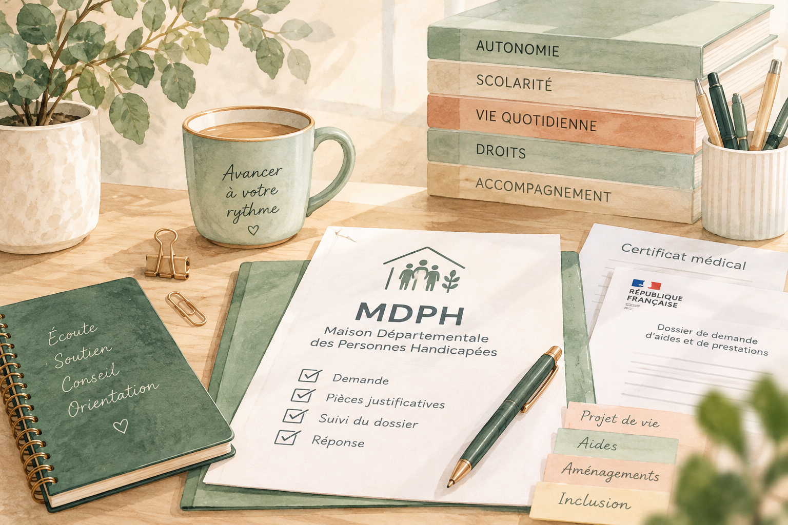 Dossier MDPH avec formulaire, certificat médical et documents nécessaires à la demande